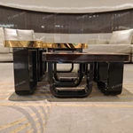 Geometric Coffee Table with High-Gloss Stainless Steel and Natural Wood Veneer Surfaces